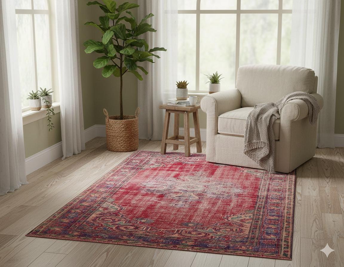 Vintage Turkish Wool Rug (4.8x7.6 ft): Handmade Anatolian Bohemian Area Rug
