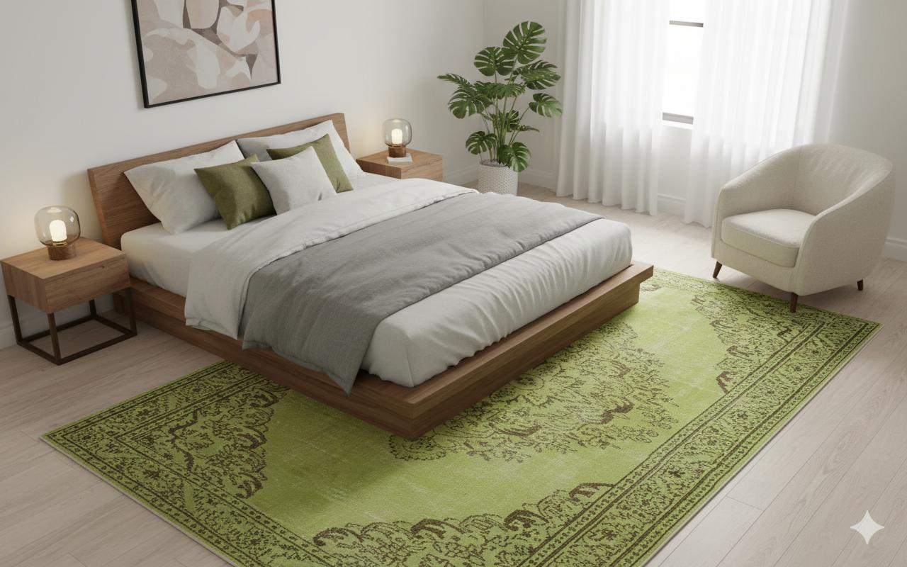 Vintage Green Wool Rug: Handmade Nursery Carpet 6x9ft