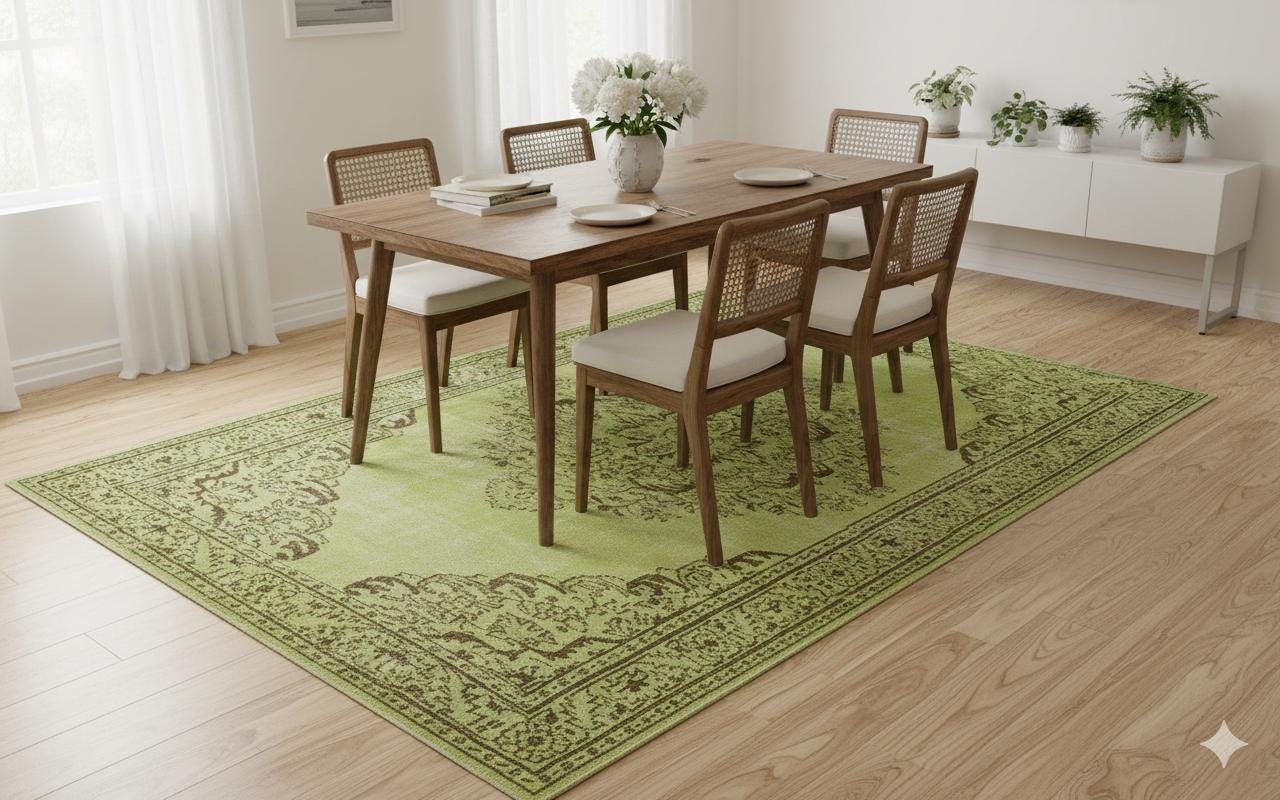Vintage Green Wool Rug: Handmade Nursery Carpet 6x9ft