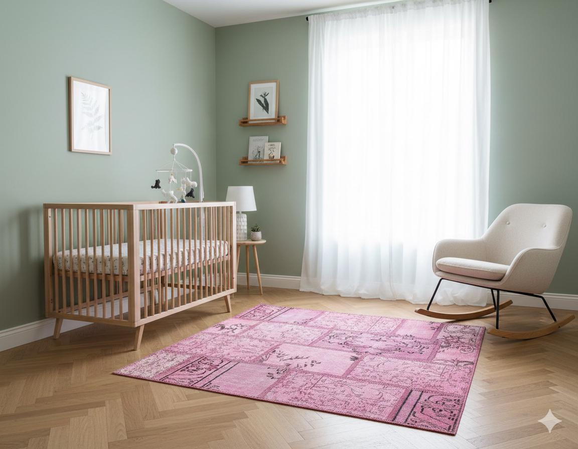 Handmade Wool Turkish Patchwork Rug: Vintage Pink Bohemian Area Rug (4.2x5.4)