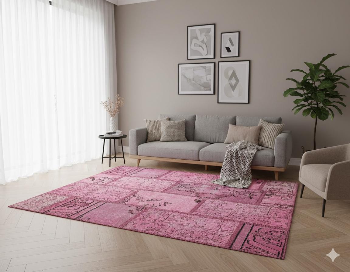 Handmade Wool Turkish Patchwork Rug: Vintage Pink Bohemian Area Rug (4.2x5.4)