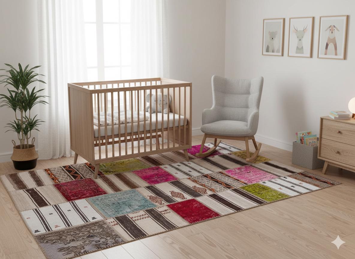 Handmade Turkish Patchwork Kilim Rug: Colorful Upcycled Wool, 5.6x8