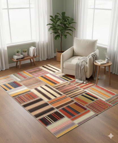4x6, Handmade Wool Turkish Patchwork Rug – Vintage, Bohemian, One-of-a-Kind Area Rug