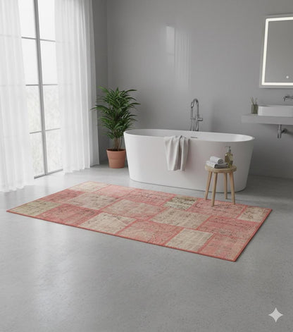 Handmade Pink Patchwork Rug: Bohemian Wool Area Rug (4x6 ft)