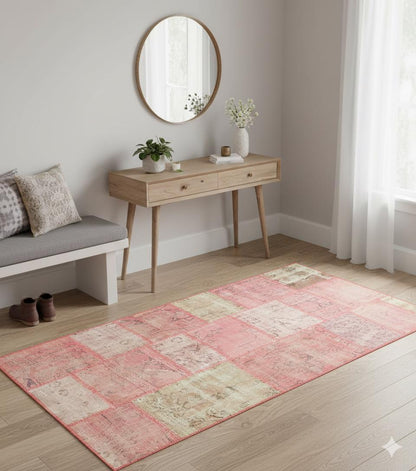 Pink Patchwork Rug: 4x6 ft, Handmade Wool Bohemian Area Rug