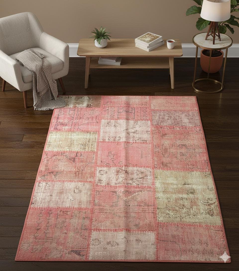 Pink Patchwork Rug: 4x6 ft, Handmade Wool Bohemian Area Rug