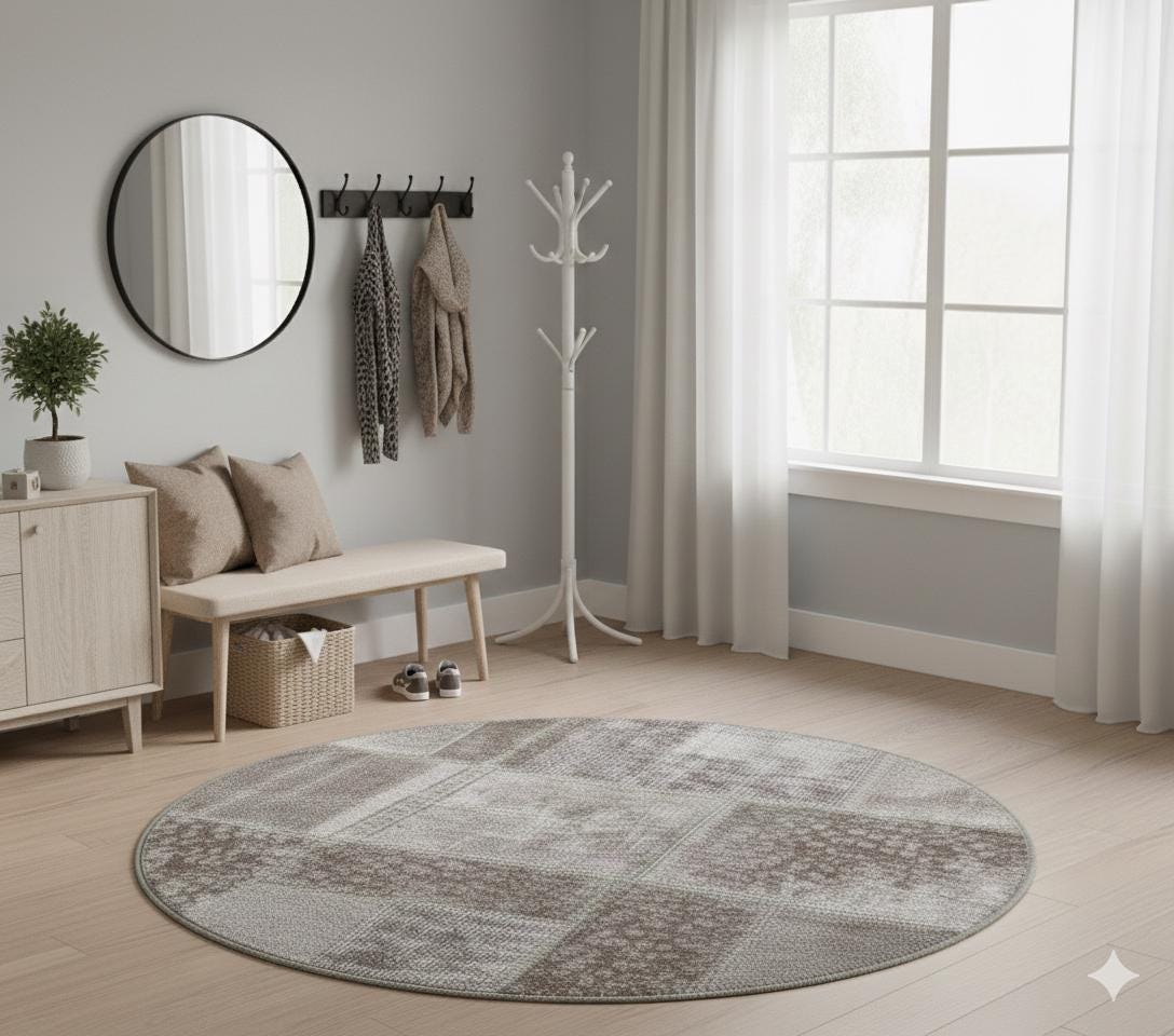 Handmade Wool Turkish Rug: 3.7 ft Round Patchwork Bohemian Area Rug