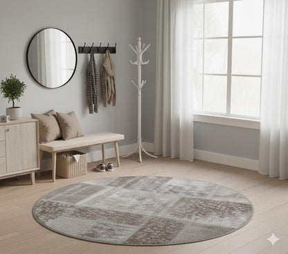 Handmade Wool Turkish Rug: 3.7 ft Round Patchwork Bohemian Area Rug