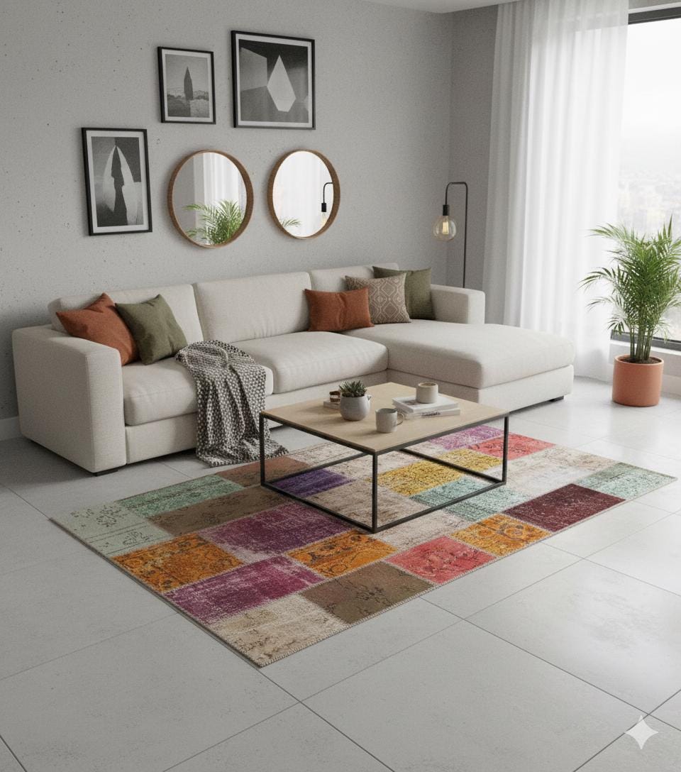 Handmade Wool Patchwork Rug: Bohemian Turkish Area Rug (4.4x6.8 ft)