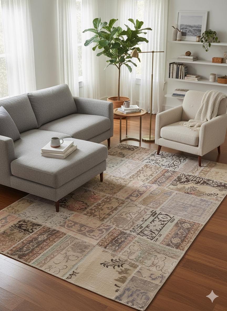 5x8, Handmade Wool Turkish Patchwork Rug – Vintage, Bohemian, One-of-a-Kind Area Rug
