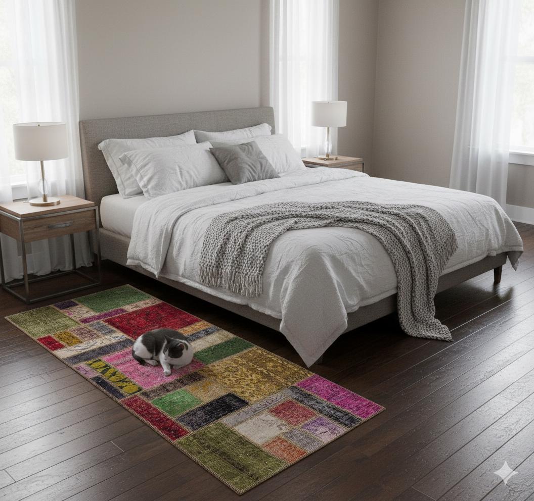 3.3x8.2, Handmade Wool Turkish Patchwork Rug – Vintage, Bohemian, One-of-a-Kind Area Rug