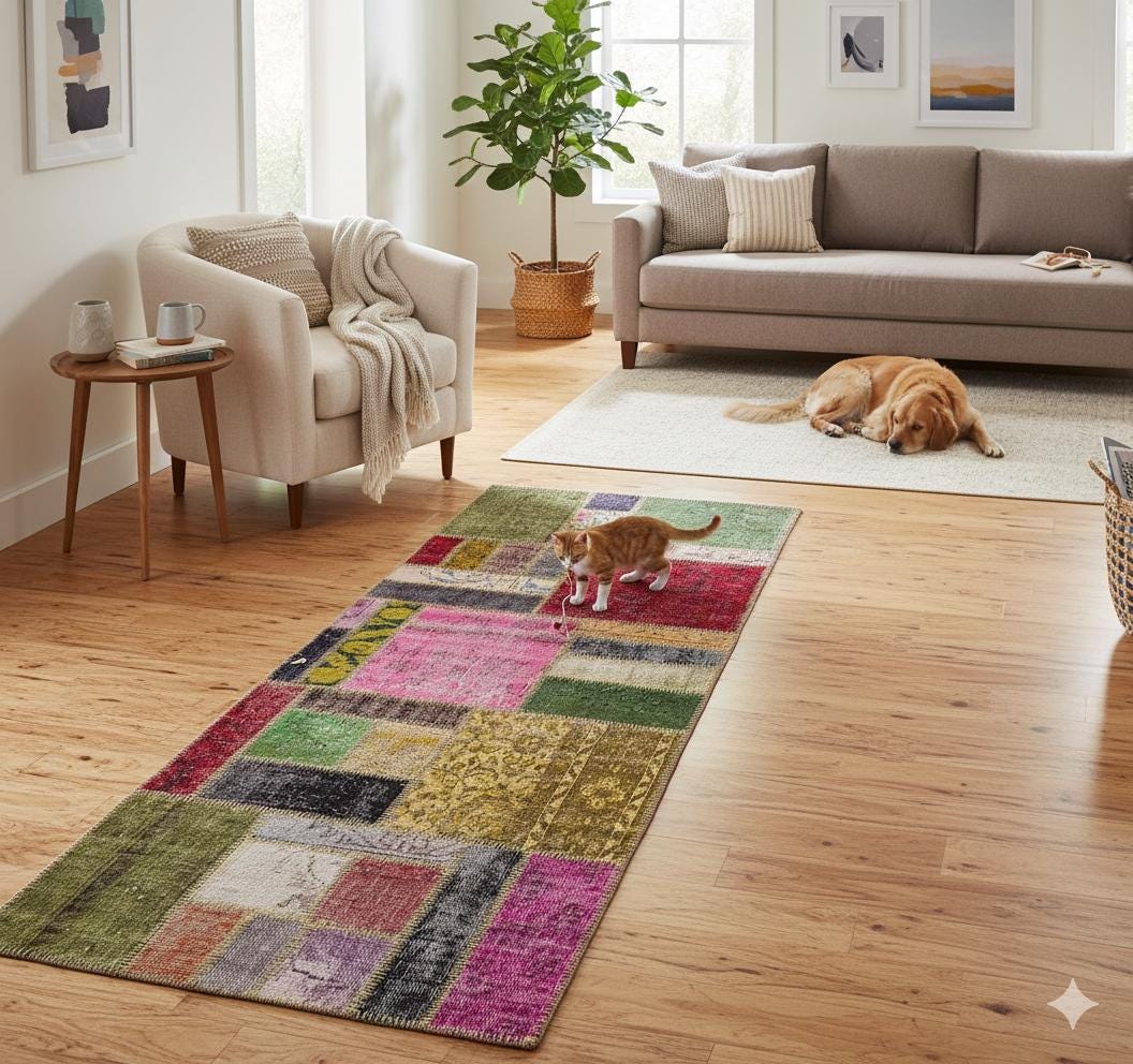 3.3x8.2, Handmade Wool Turkish Patchwork Rug – Vintage, Bohemian, One-of-a-Kind Area Rug