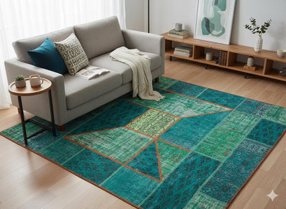 Handmade Wool Turkish Patchwork Rug: Vintage Green Area Rug (6x8)