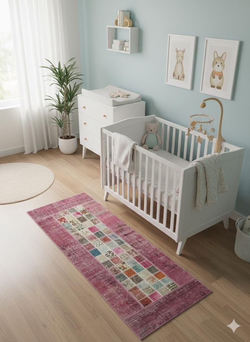 Handmade Wool Turkish Patchwork Rug: Pink Bohemian Vintage Area Rug