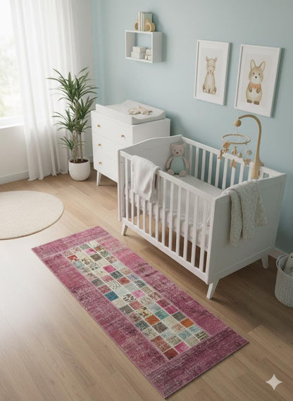 Handmade Wool Turkish Patchwork Rug: Pink Bohemian Vintage Area Rug