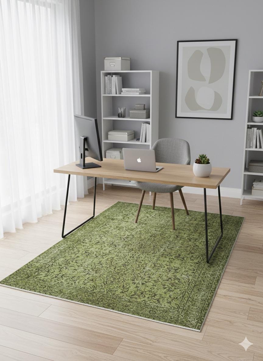 Handmade Green Wool Vintage Rug: 6x9 ft