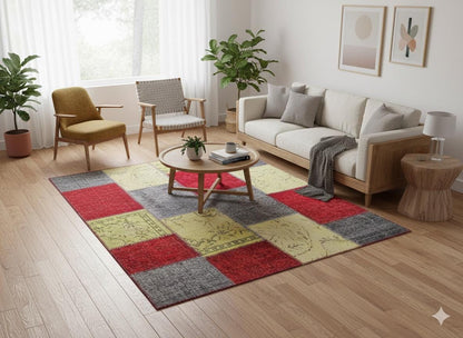 5.6x8, Handmade Wool Turkish Patchwork Rug – Vintage, Bohemian, One-of-a-Kind Area Rug