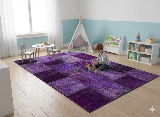 Handmade Wool Turkish Patchwork Rug: Purple Vintage Carpet (5.6x8)