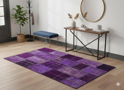 Handmade Wool Turkish Patchwork Rug: Purple Vintage Carpet (5.6x8)