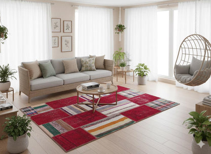 5.6x8, Handmade Wool Turkish Patchwork Rug – Vintage, Bohemian, One-of-a-Kind Area Rug
