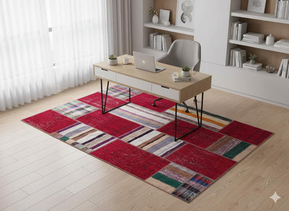 5.6x8, Handmade Wool Turkish Patchwork Rug – Vintage, Bohemian, One-of-a-Kind Area Rug