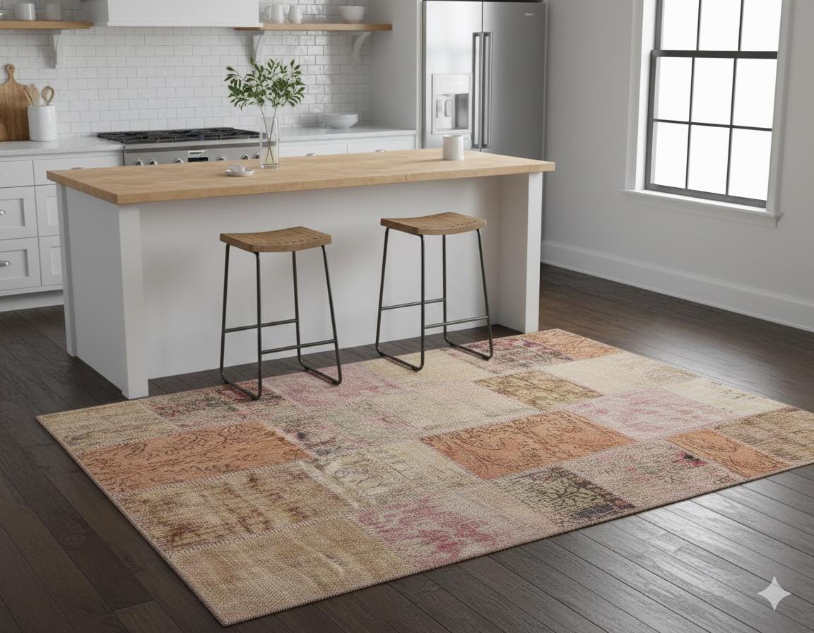 Handmade Wool Turkish Patchwork Rug: Vintage Bohemian Area Rug (5x8)