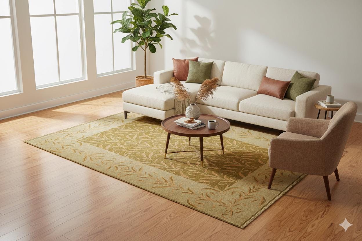 Vintage Green Turkish Rug: Handmade Wool Carpet (6.62 ft x 8.50 ft)