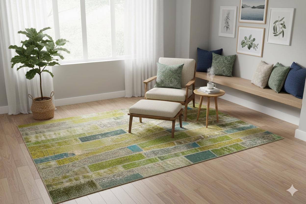 Handmade Wool Turkish Patchwork Rug: Green Vintage Area Rug (8.2x11.5)