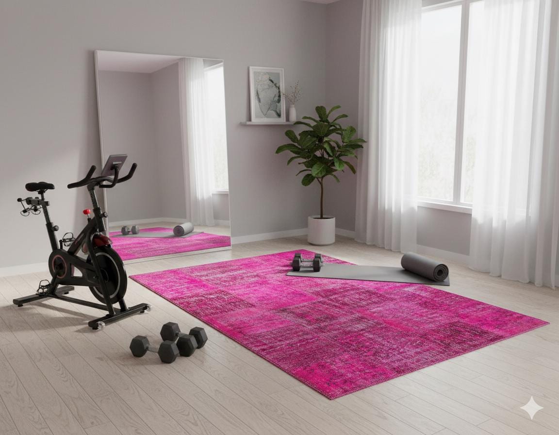 Handmade Wool Turkish Patchwork Rug: Pink Bohemian Vintage Carpet (5.4x8 ft.)