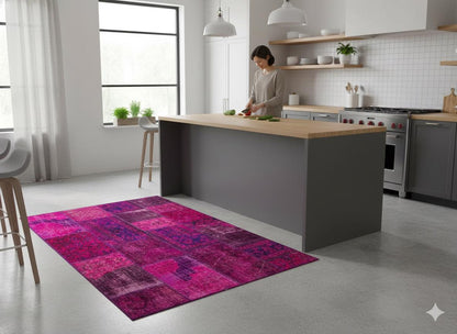 Handmade Wool Turkish Patchwork Rug: Vintage Purple Carpet (5.6x8)