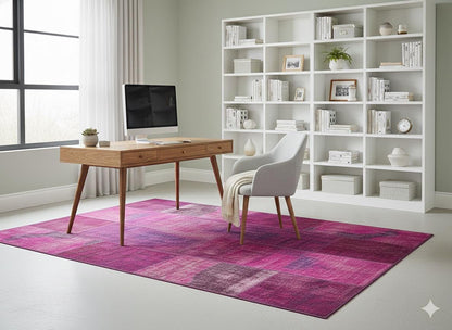 Handmade Wool Turkish Patchwork Rug: Vintage Purple Carpet (5.6x8)