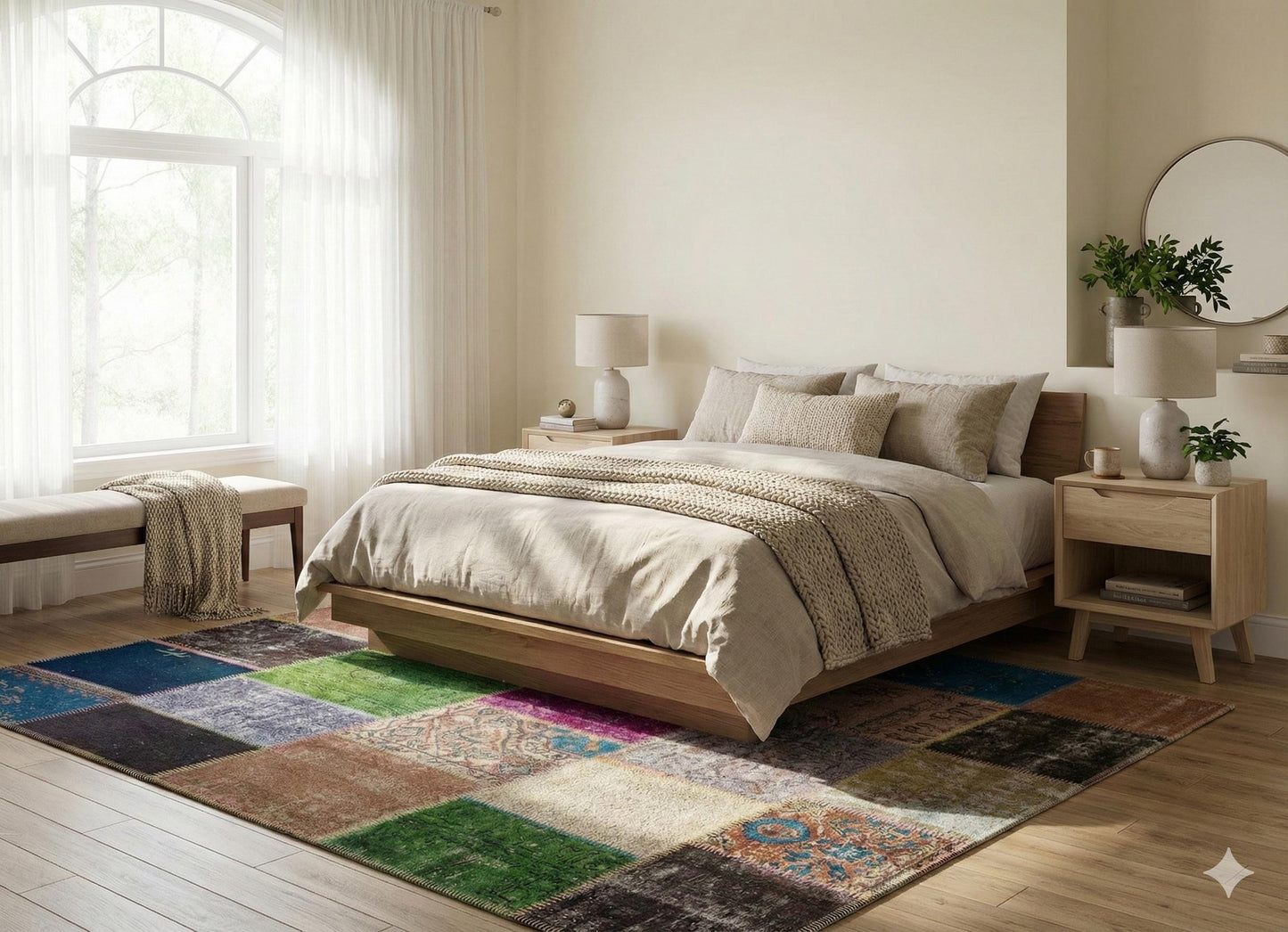 Handmade Wool Patchwork Rug: Bohemian Turkish Area Rug (6.2x8.2 ft)