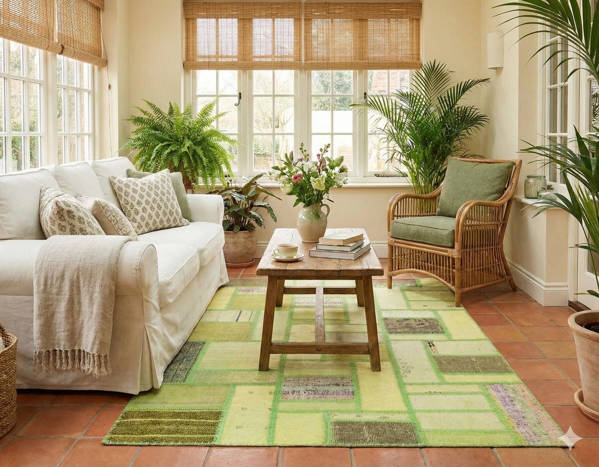 Handmade Green Patchwork Rug: 100% Wool Turkish Area Rug (3.9x5.6 ft)