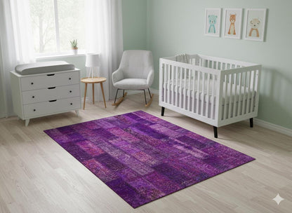 Handmade Wool Patchwork Rug: Purple Bohemian Area Rug (5'x8' ft)
