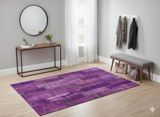 Handmade Wool Patchwork Rug: Purple Bohemian Area Rug (5'x8' ft)