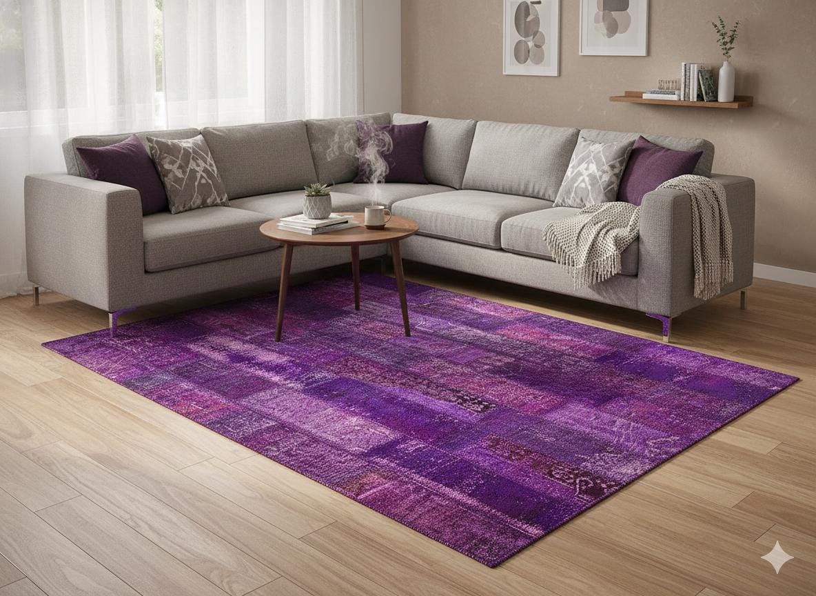 Handmade Wool Patchwork Rug: Purple Bohemian Area Rug (5'x8' ft)