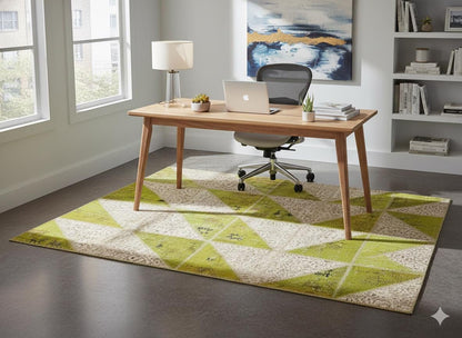 Green Patchwork Wool Rug: Bohemian Handmade Area Rug (5.6x8.4 ft)