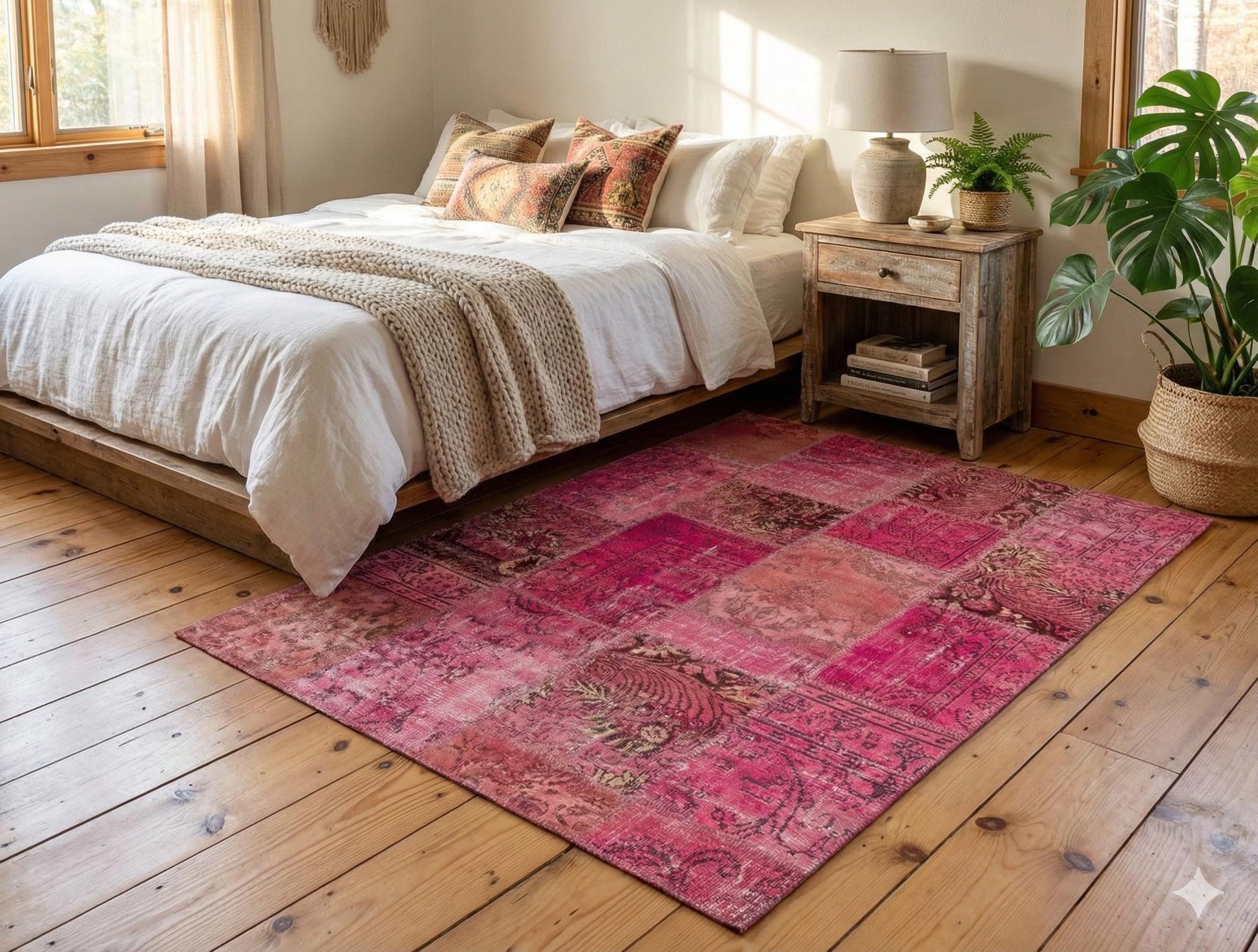 Pink Patchwork Rug: Handmade Bohemian Anatolian Wool Carpet (5.6x7.9 ft)