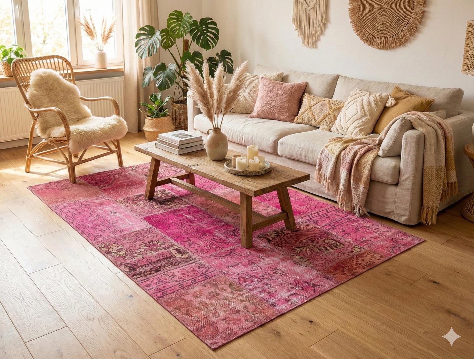 Pink Patchwork Rug: Handmade Bohemian Anatolian Wool Carpet (5.6x7.9 ft)