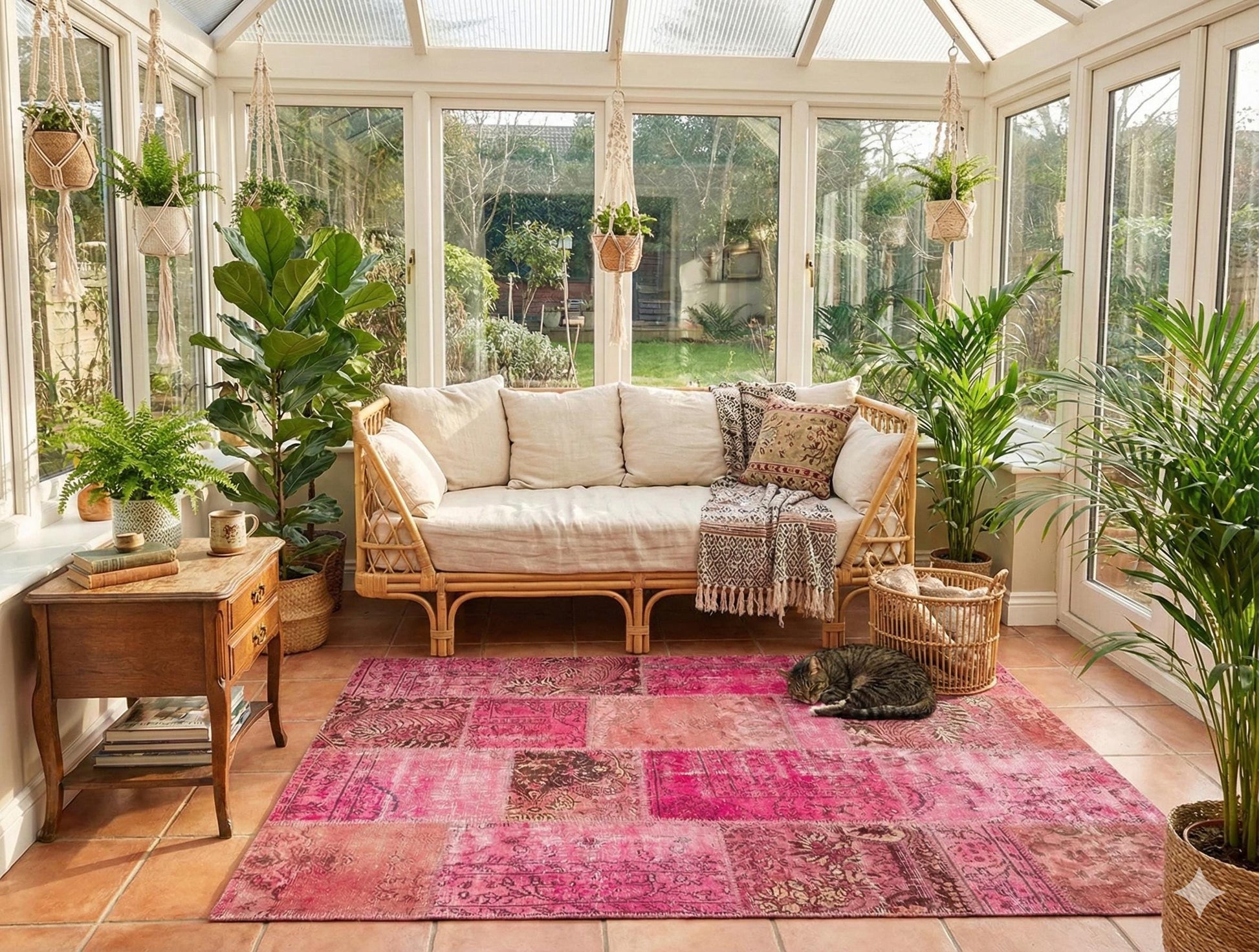 Pink Patchwork Rug: Handmade Bohemian Anatolian Wool Carpet (5.6x7.9 ft)