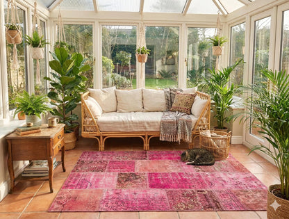 Pink Patchwork Rug: Handmade Bohemian Anatolian Wool Carpet (5.6x7.9 ft)