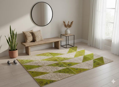 Green Patchwork Wool Rug: Bohemian Handmade Area Rug (5.6x8.4 ft)