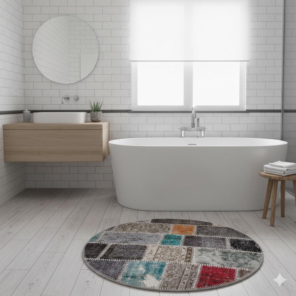 Handmade Wool Patchwork Rug: 3.6x3.6 ft Bohemian Circle Rug