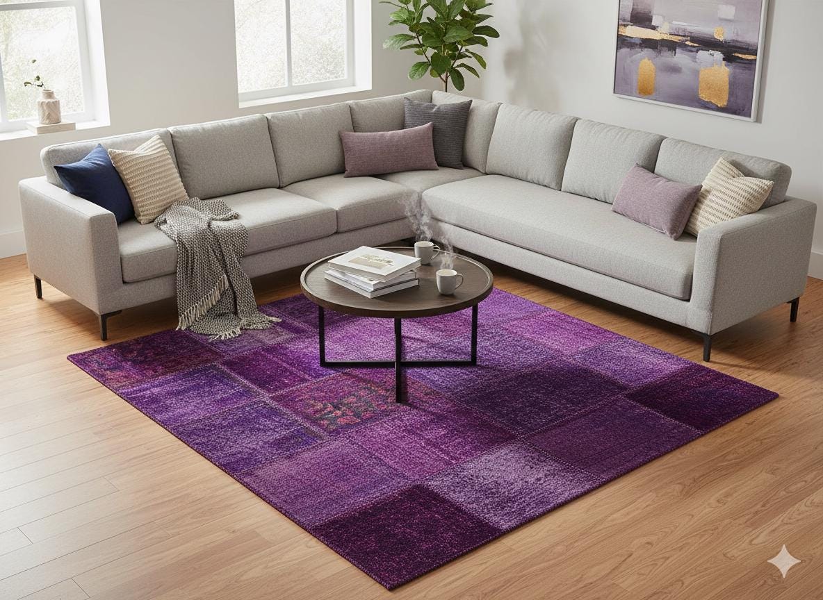 Handmade Purple Patchwork Wool Rug: Bohemian Turkish Area Rug (5'x8' ft)