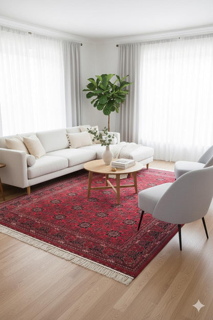 Red Afghan Area Rug – Silk-Feel Viscose Oriental Carpet