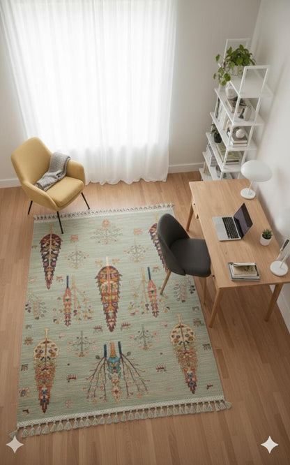 Beige Vintage Rug: Washable Living Room Rug with Tassels