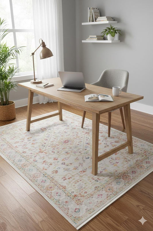 Muted Pink Turkish Style Rug – Geometric Medallion, Vintage Wash