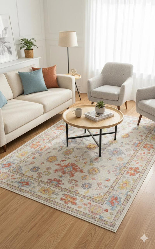 Colorful Turkish Rug – Ivory Background Vintage Floral Area Carpet with Vibrant Multicolor Accents