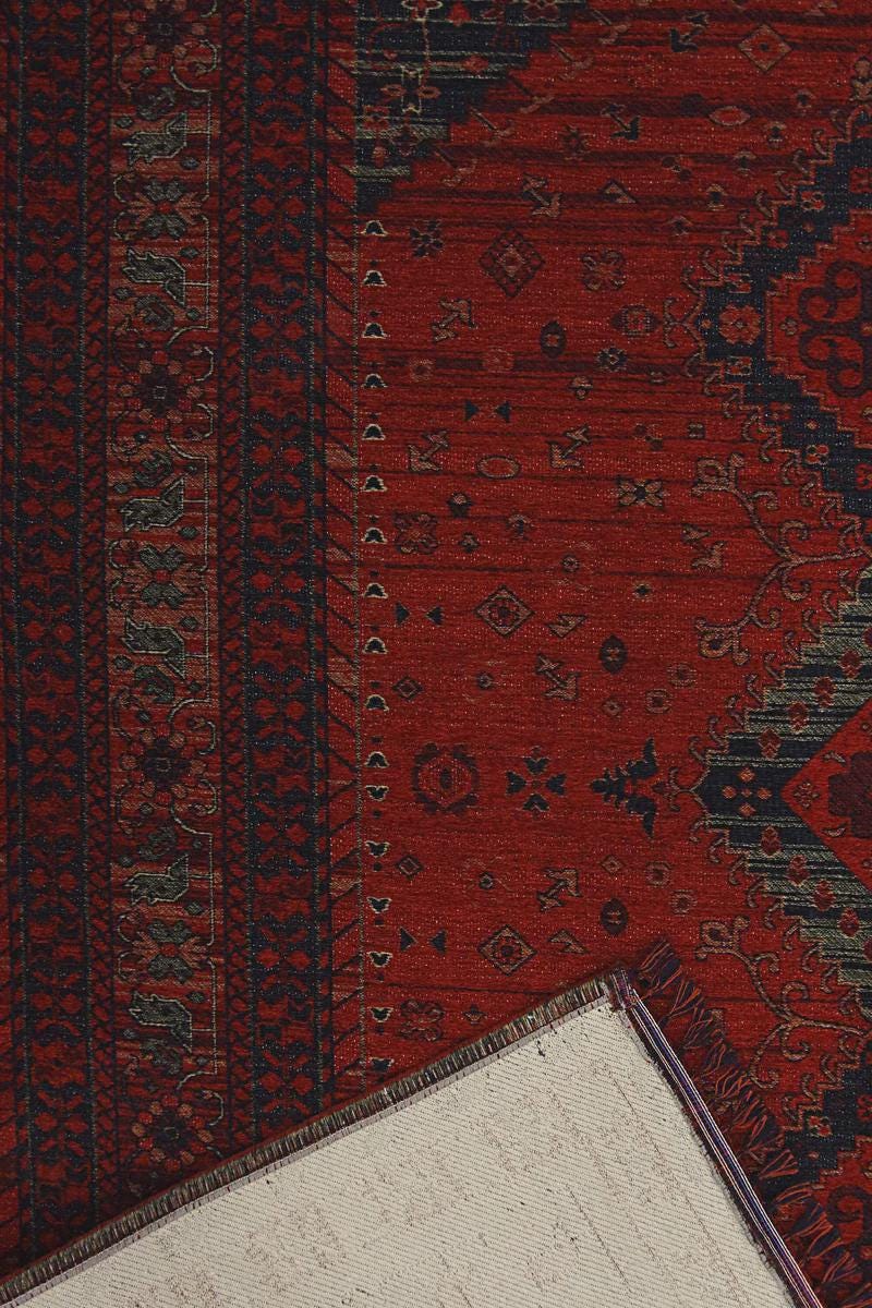 Red & Blue Washable oriental Afghan Rug: Vintage Farmhouse Style