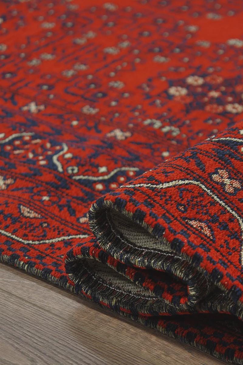 Red & Blue Washable oriental Afghan Rug: Vintage Farmhouse Style